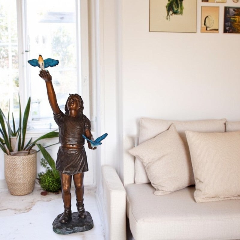 Girl, sandy, with two Blue birds Bronze Statue - Size: 25"L x 23"W x 41"H. - 2