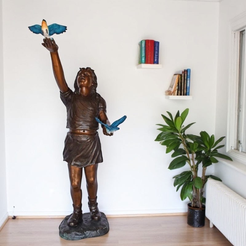 Girl, sandy, with two Blue birds Bronze Statue - Size: 25"L x 23"W x 41"H. - 3