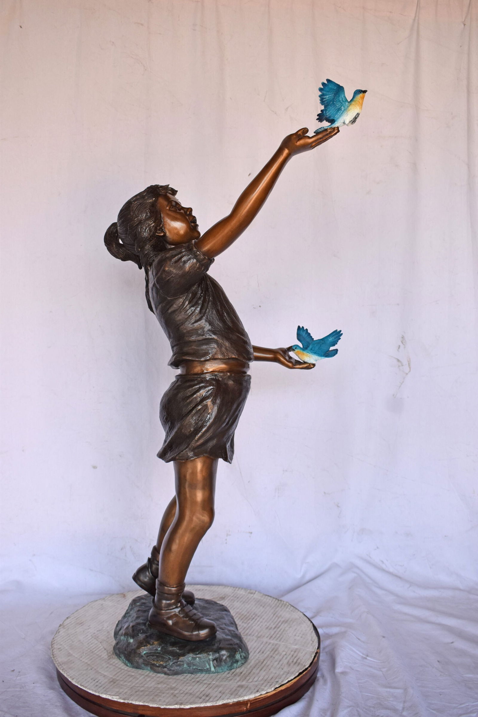 Girl, sandy, with two Blue birds Bronze Statue - Size: 25"L x 23"W x 41"H. - 6