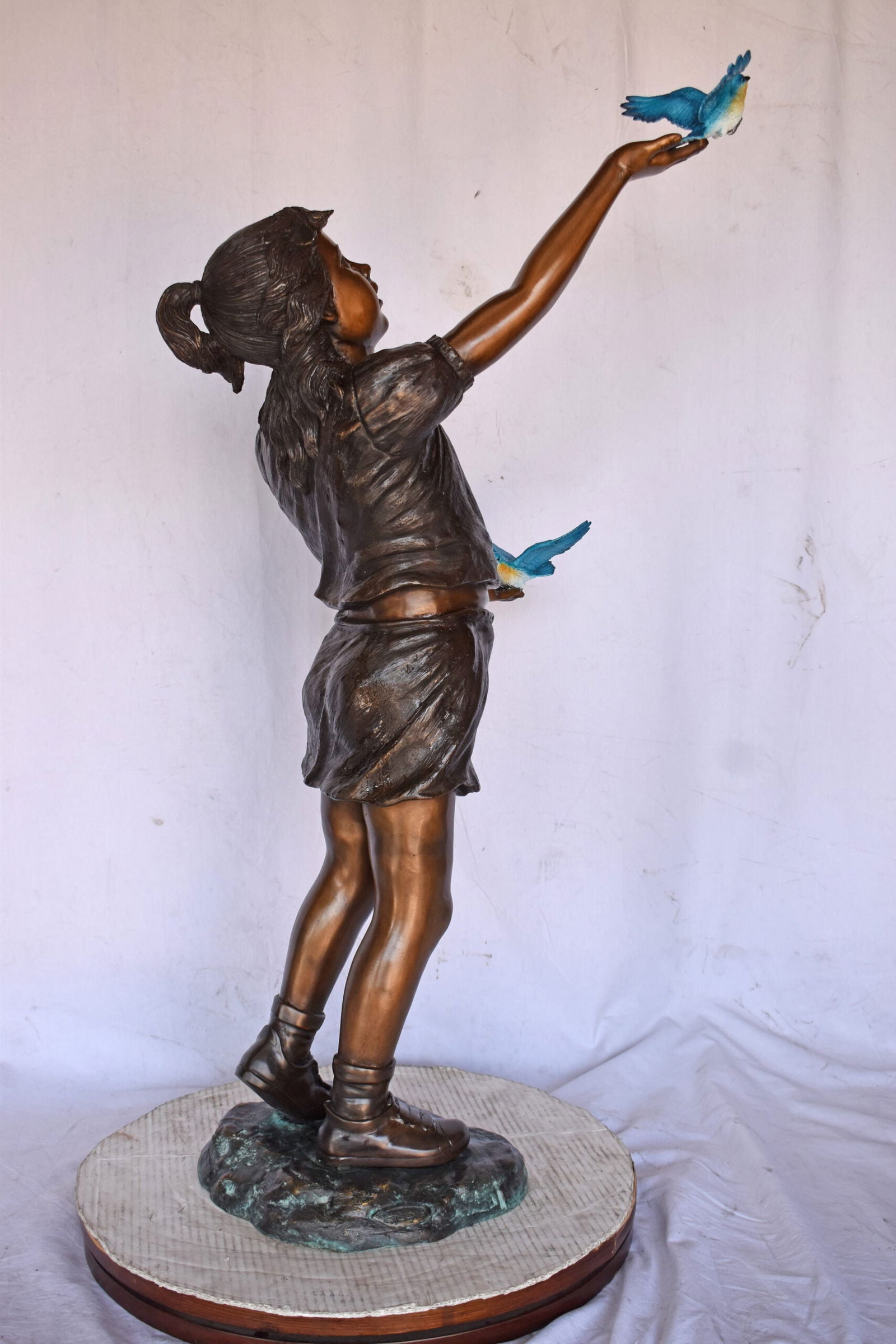 Girl, sandy, with two Blue birds Bronze Statue - Size: 25"L x 23"W x 41"H. - 7