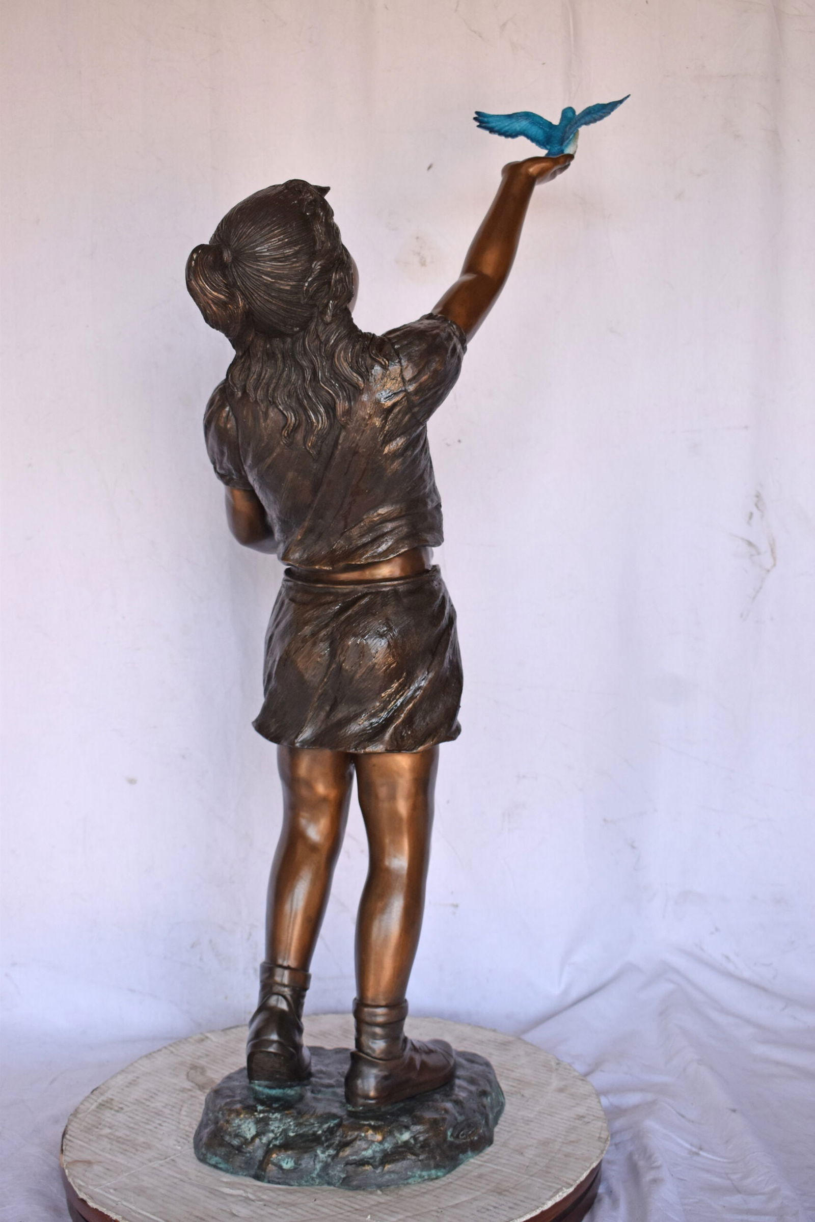 Girl, sandy, with two Blue birds Bronze Statue - Size: 25"L x 23"W x 41"H. - 8