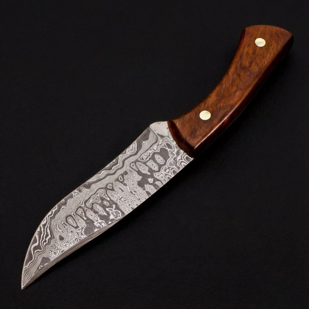9" Damascus Steel Skinner Hunting Knife - Handmade, Rose Wood Handle, Leather Sheath - 2