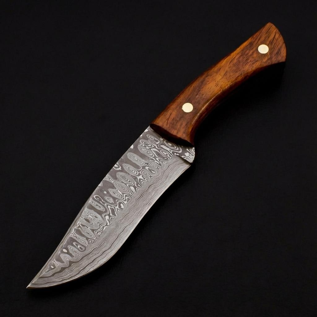 9" Damascus Steel Skinner Hunting Knife - Handmade, Rose Wood Handle, Leather Sheath - 3