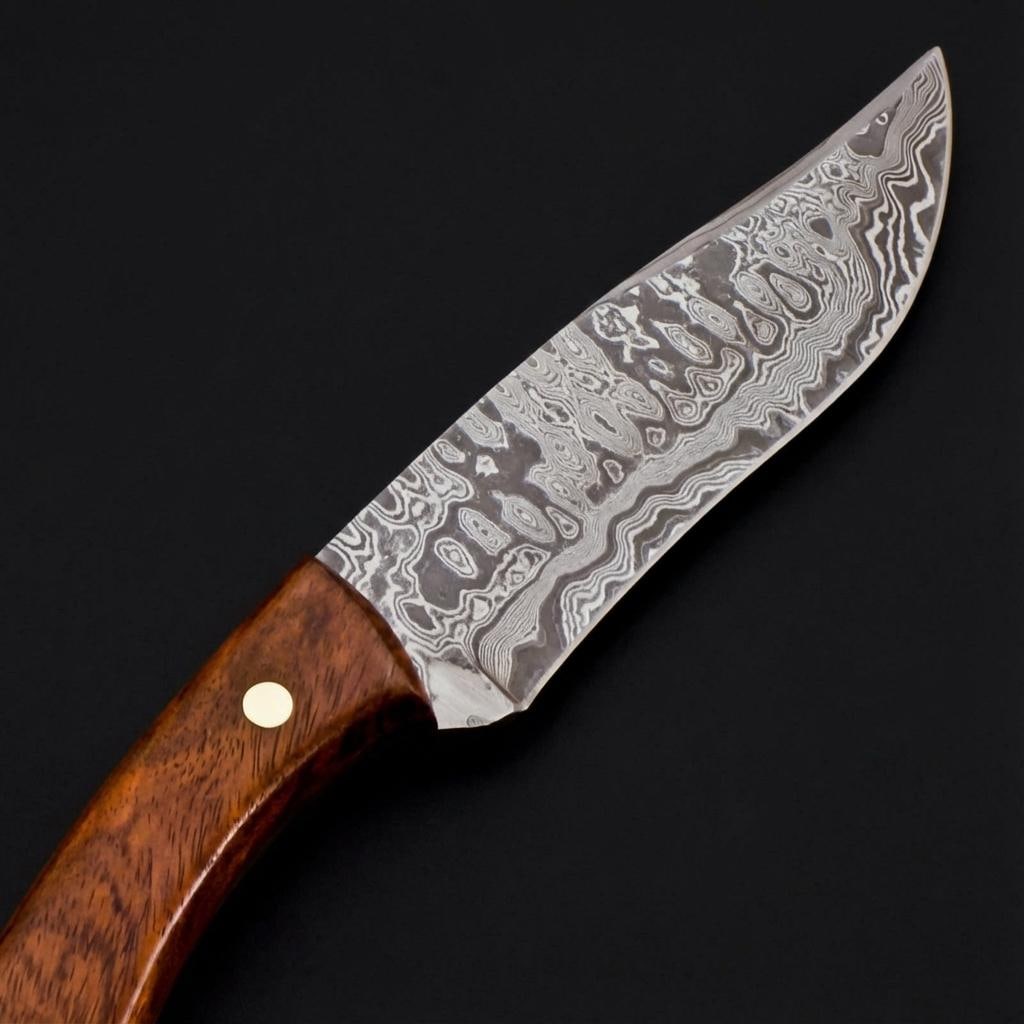 9" Damascus Steel Skinner Hunting Knife - Handmade, Rose Wood Handle, Leather Sheath - 4