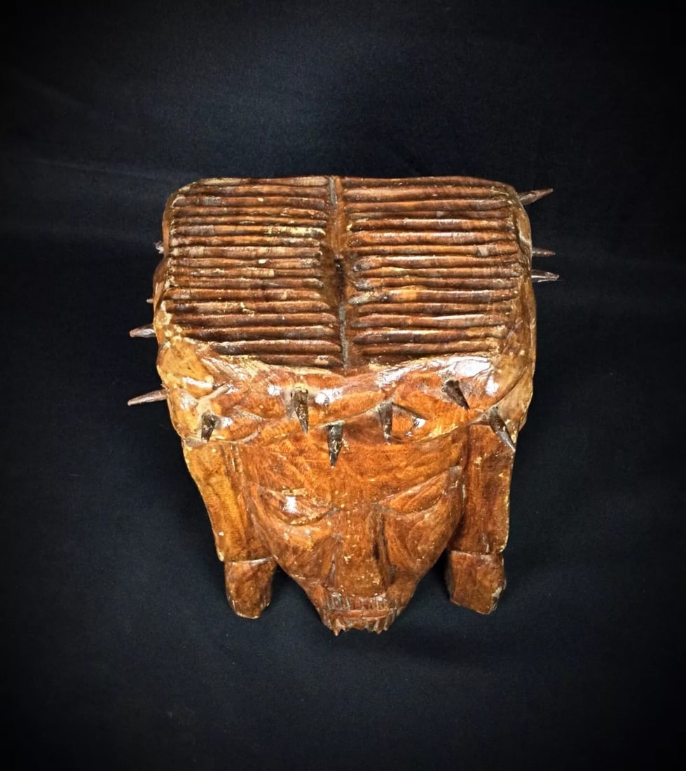 Antique 20th Century Carved Wooden Christ Face with Crown of Thorns - 3