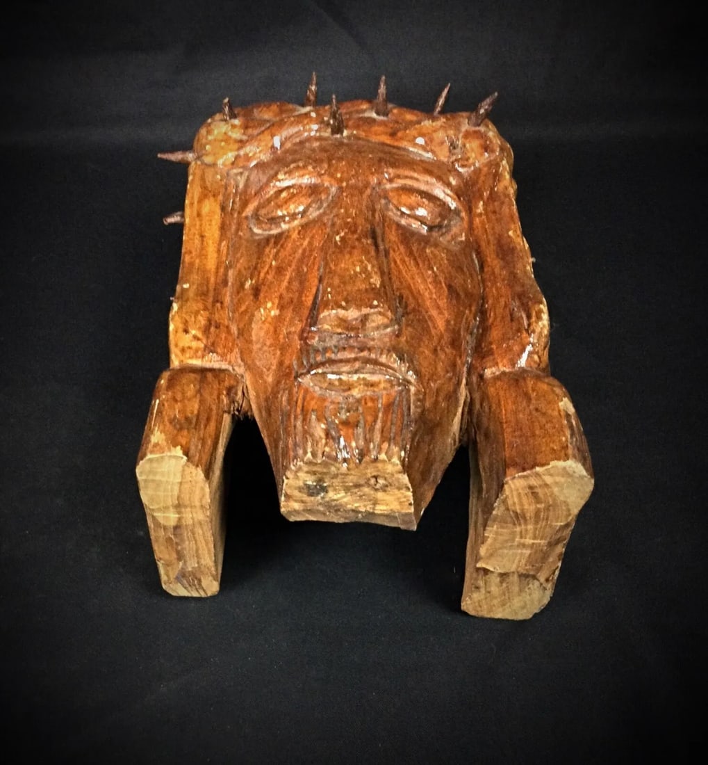 Antique 20th Century Carved Wooden Christ Face with Crown of Thorns - 4