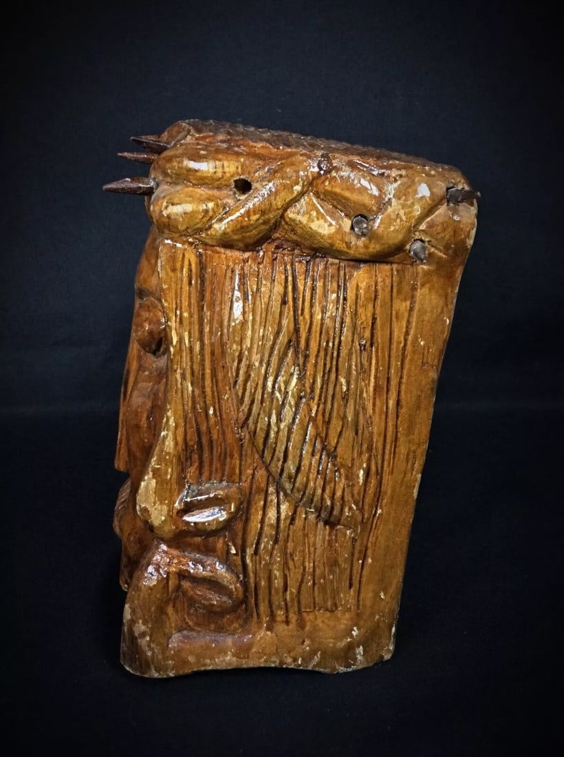 Antique 20th Century Carved Wooden Christ Face with Crown of Thorns - 5