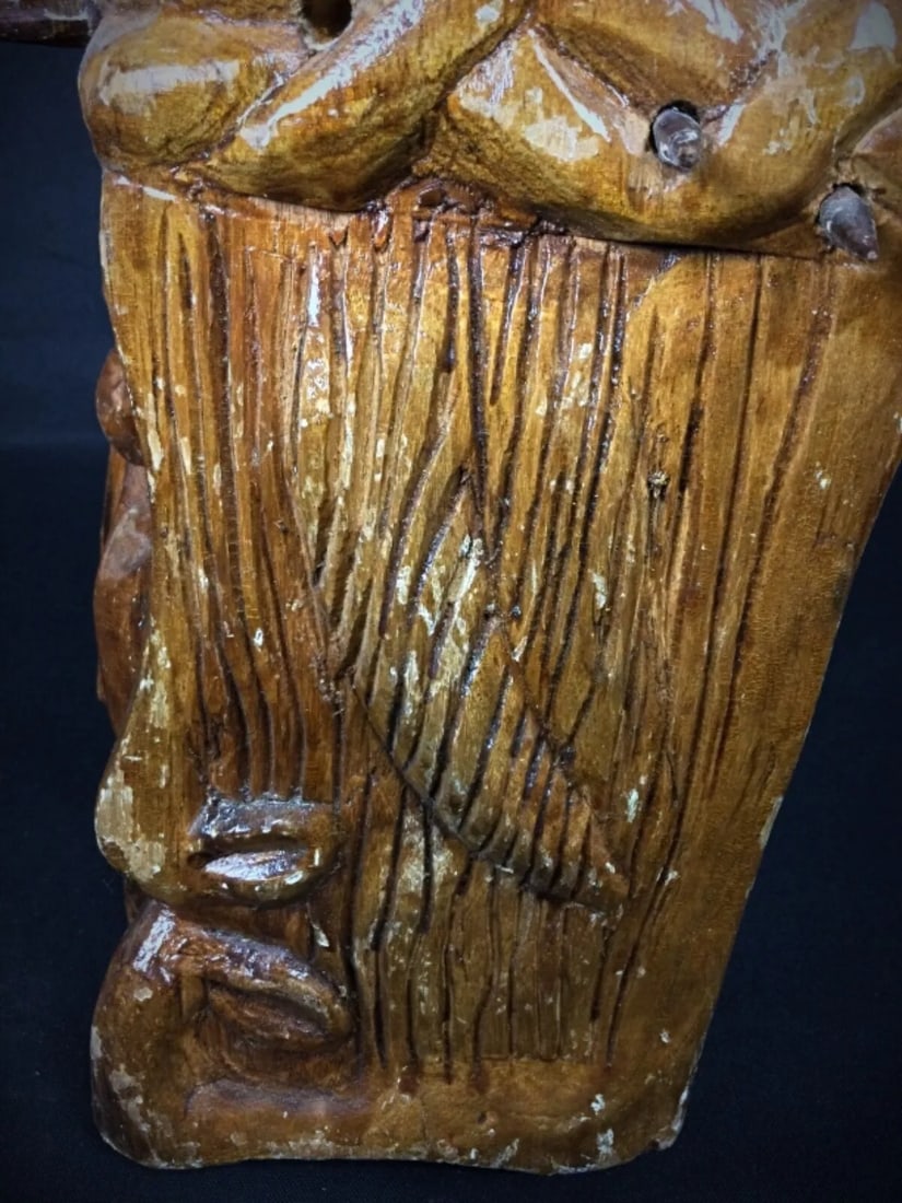 Antique 20th Century Carved Wooden Christ Face with Crown of Thorns - 9