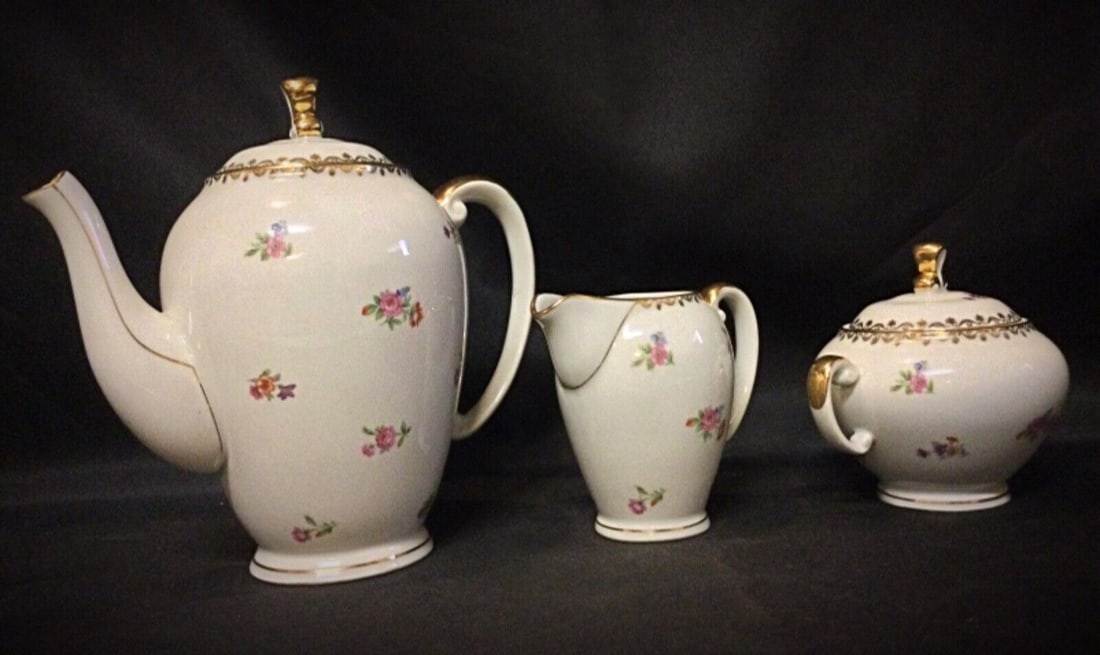Set of Authentic S.E.R France Porcelain Coffee Pot, Pitcher & Sugar Bowl - 2