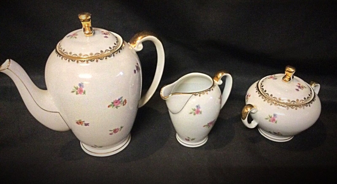 Set of Authentic S.E.R France Porcelain Coffee Pot, Pitcher & Sugar Bowl - 3