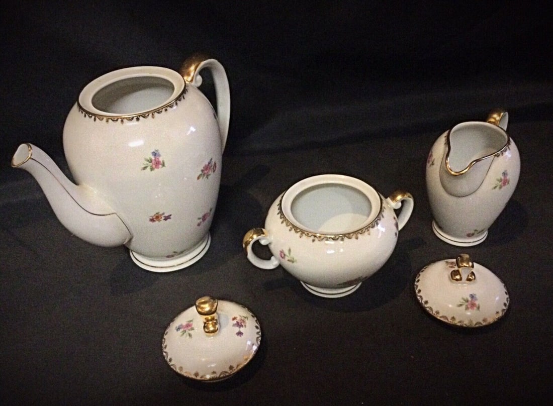 Set of Authentic S.E.R France Porcelain Coffee Pot, Pitcher & Sugar Bowl - 7