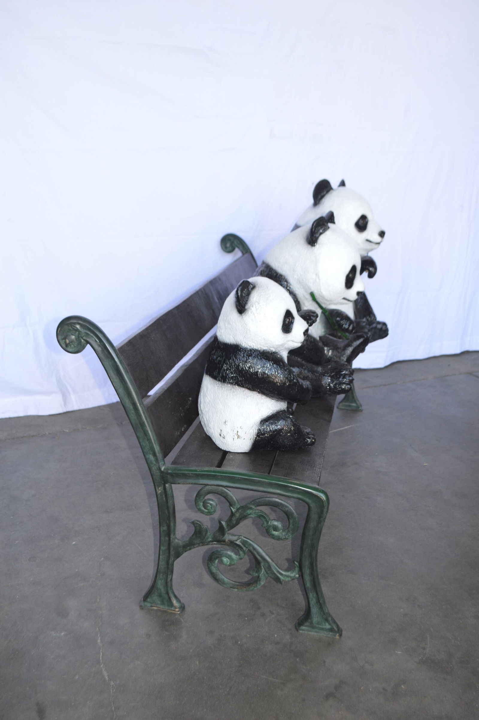 Three Panda Bears Sitting on Bench Bronze Statue - Size: 53"L x 28"W x 36"H. - 10