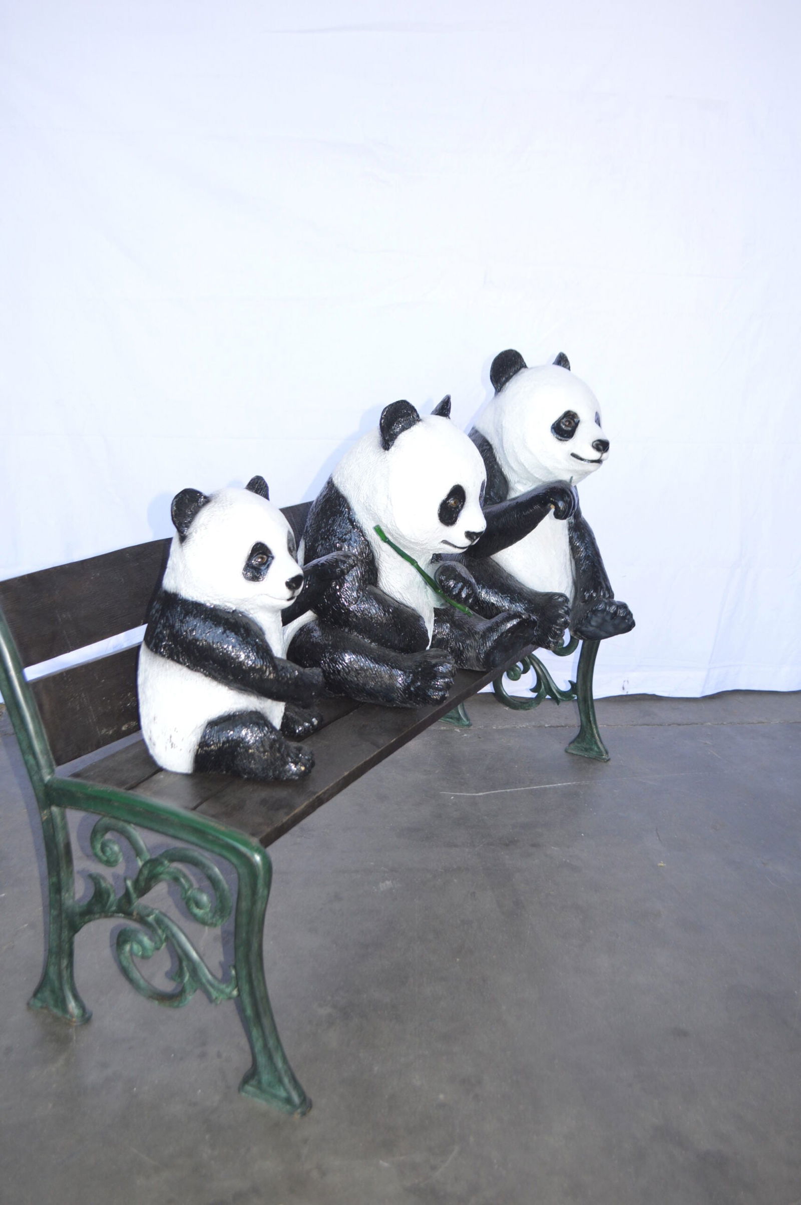 Three Panda Bears Sitting on Bench Bronze Statue - Size: 53"L x 28"W x 36"H. - 11