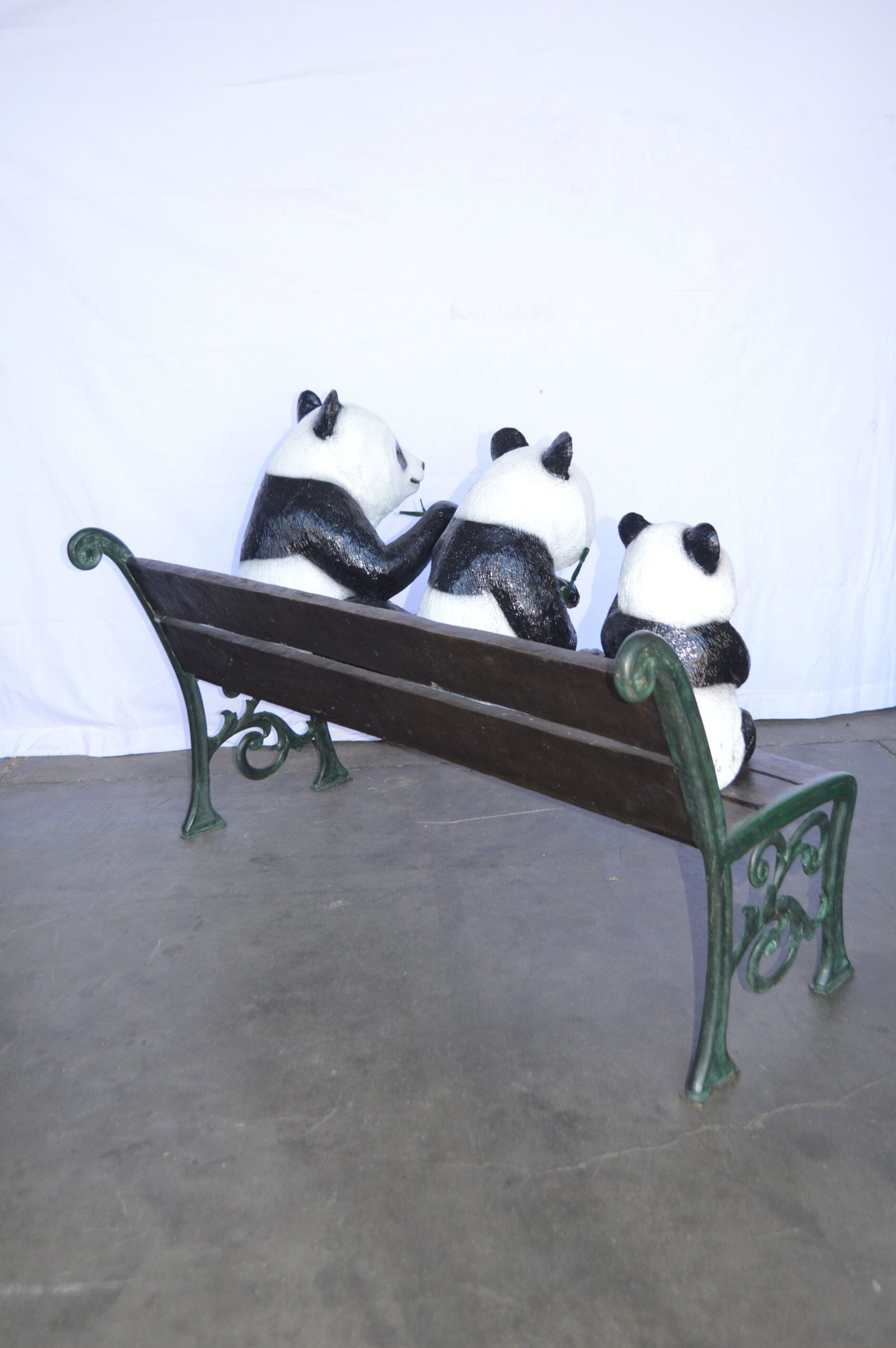 Three Panda Bears Sitting on Bench Bronze Statue - Size: 53"L x 28"W x 36"H. - 12