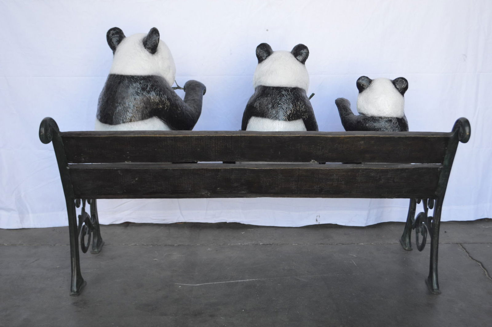 Three Panda Bears Sitting on Bench Bronze Statue - Size: 53"L x 28"W x 36"H. - 13