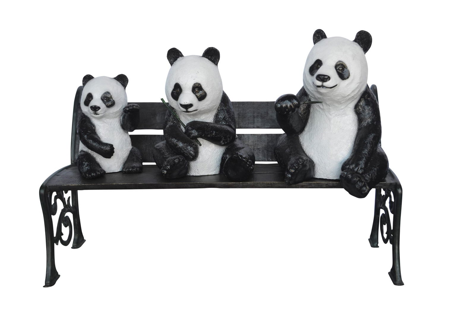Three Panda Bears Sitting on Bench Bronze Statue - Size: 53"L x 28"W x 36"H.: Title:Three Panda Bears Sitting on Bench Bronze Statue - Size: 53"L x 28"W x 36"H. Description:When you see this comical, bronze statue of a three panda bears sitting on a bench, holding a green stick