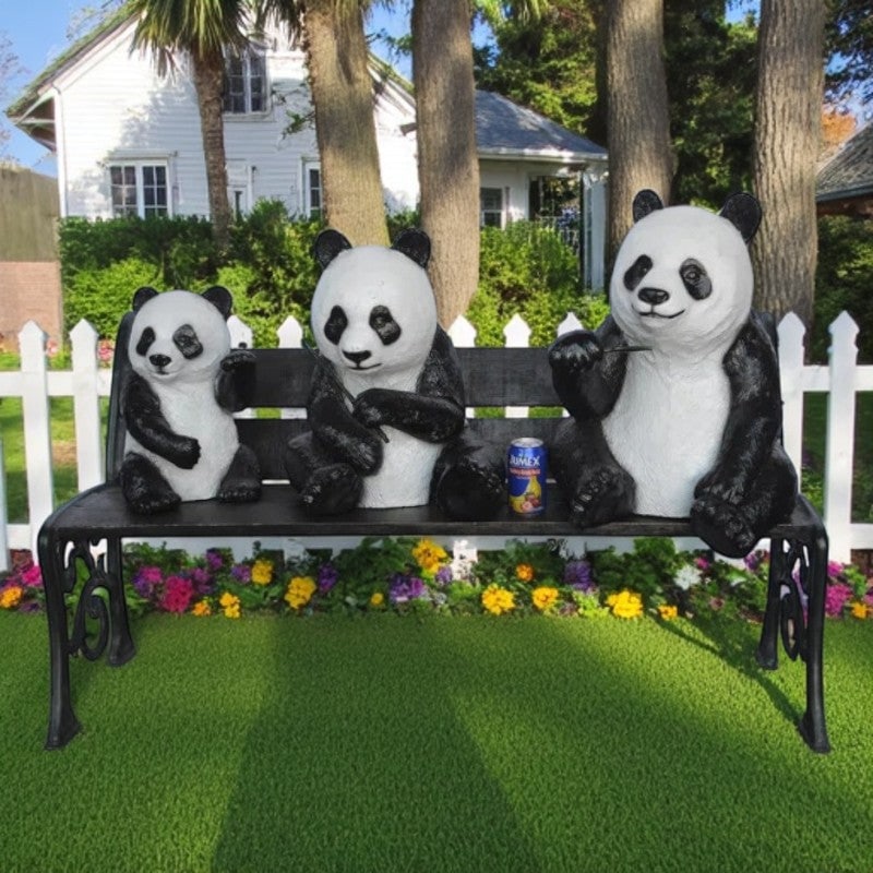 Three Panda Bears Sitting on Bench Bronze Statue - Size: 53"L x 28"W x 36"H. - 2