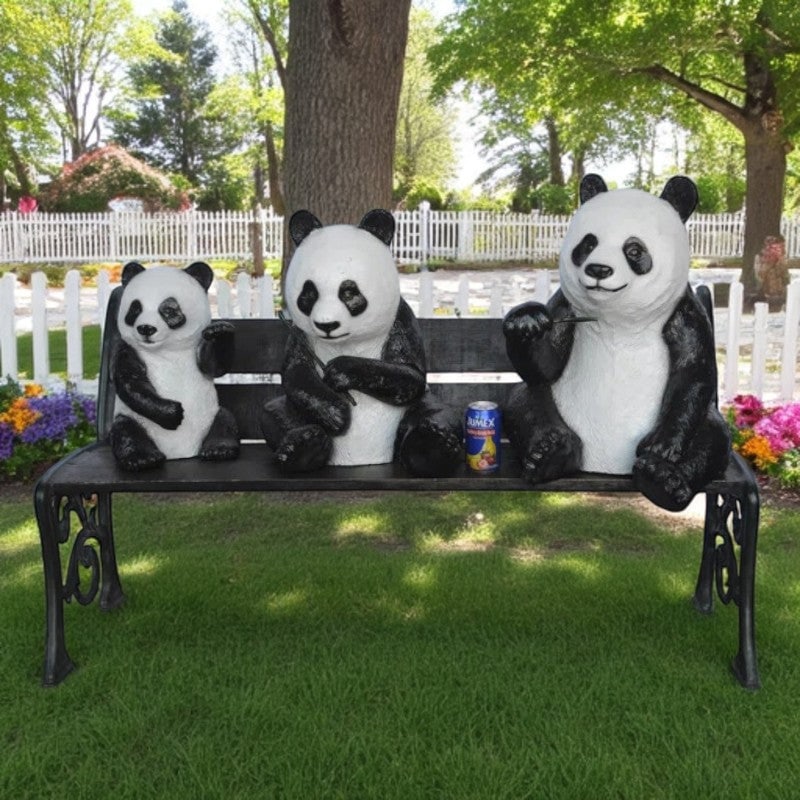 Three Panda Bears Sitting on Bench Bronze Statue - Size: 53"L x 28"W x 36"H. - 3
