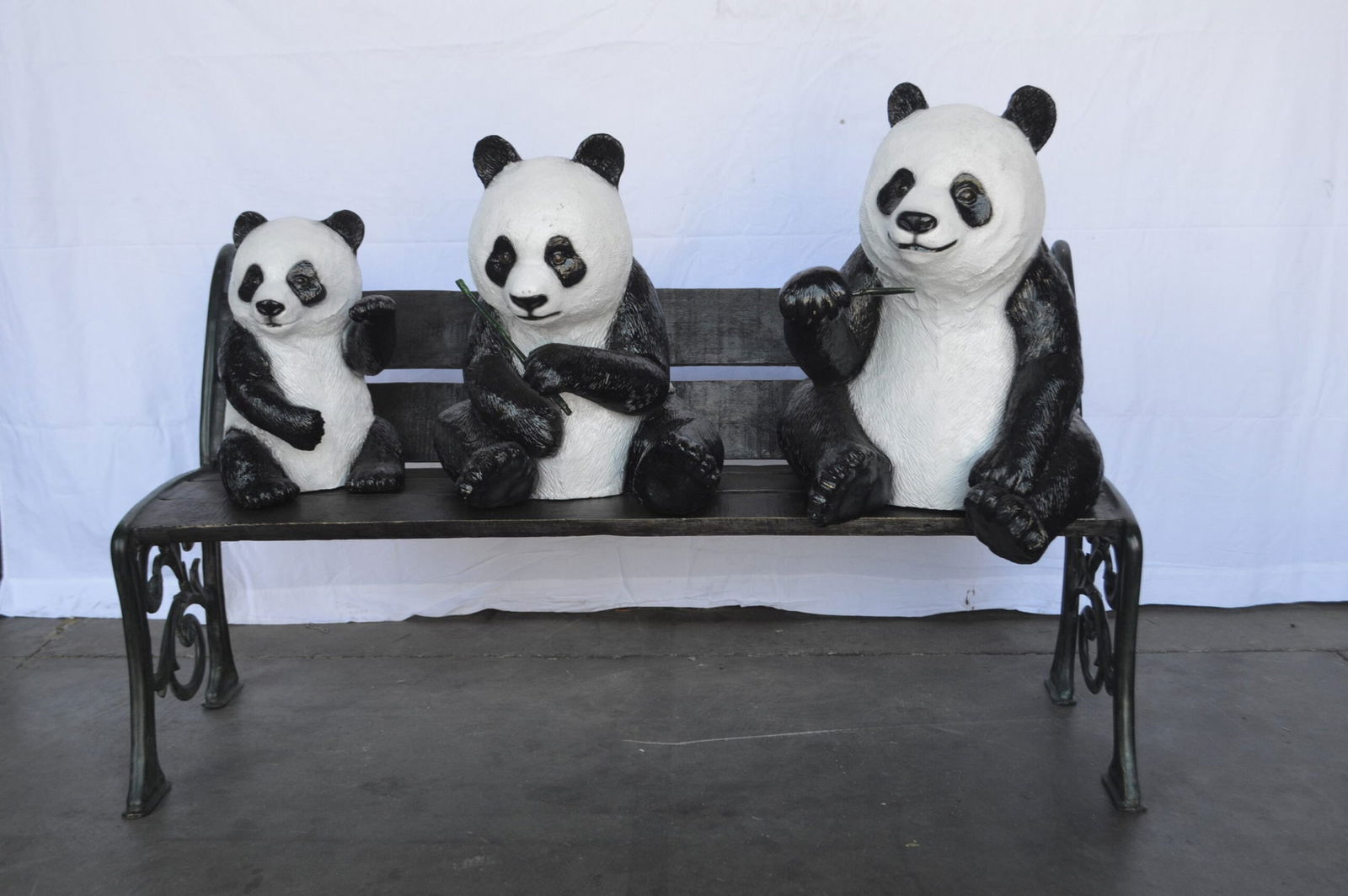 Three Panda Bears Sitting on Bench Bronze Statue - Size: 53"L x 28"W x 36"H. - 4