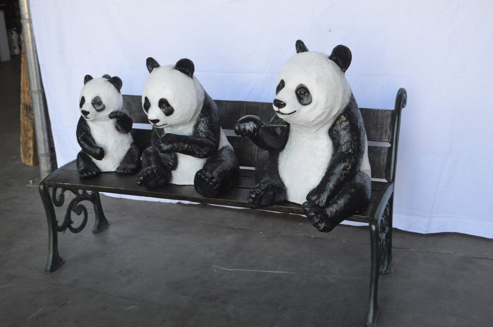 Three Panda Bears Sitting on Bench Bronze Statue - Size: 53"L x 28"W x 36"H. - 6