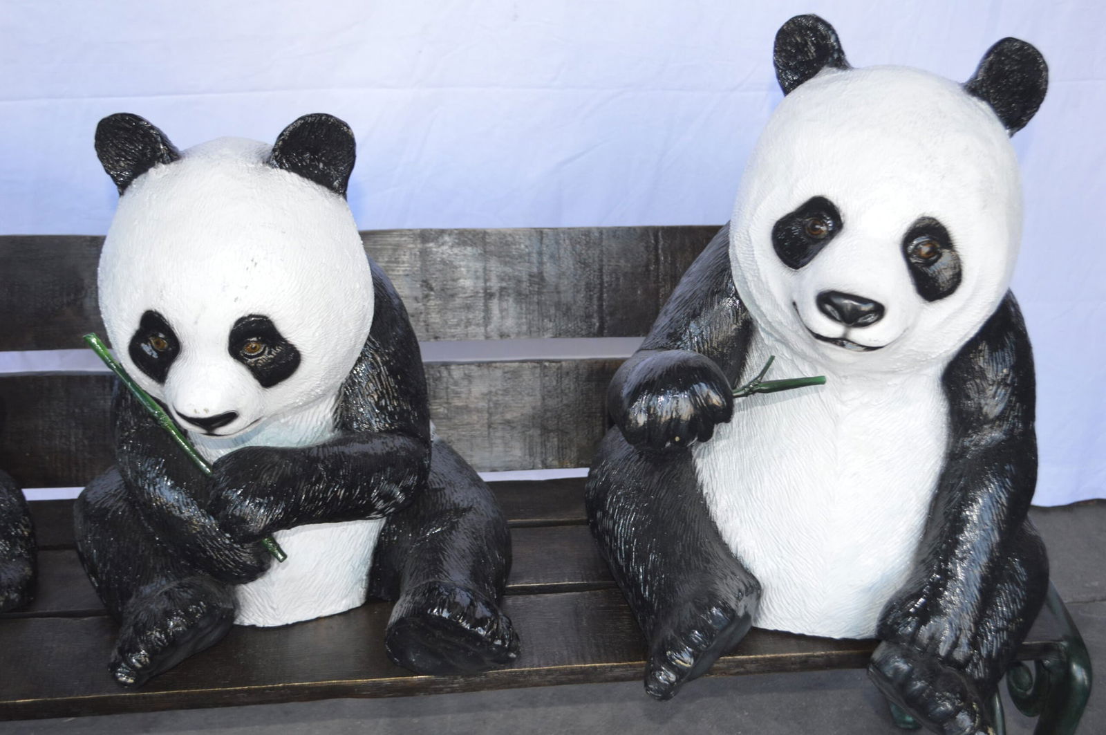 Three Panda Bears Sitting on Bench Bronze Statue - Size: 53"L x 28"W x 36"H. - 8