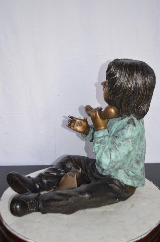 Young Child With an Old Telephone Bronze Statue - Size: 21"L x 14"W x 19"H. - 10