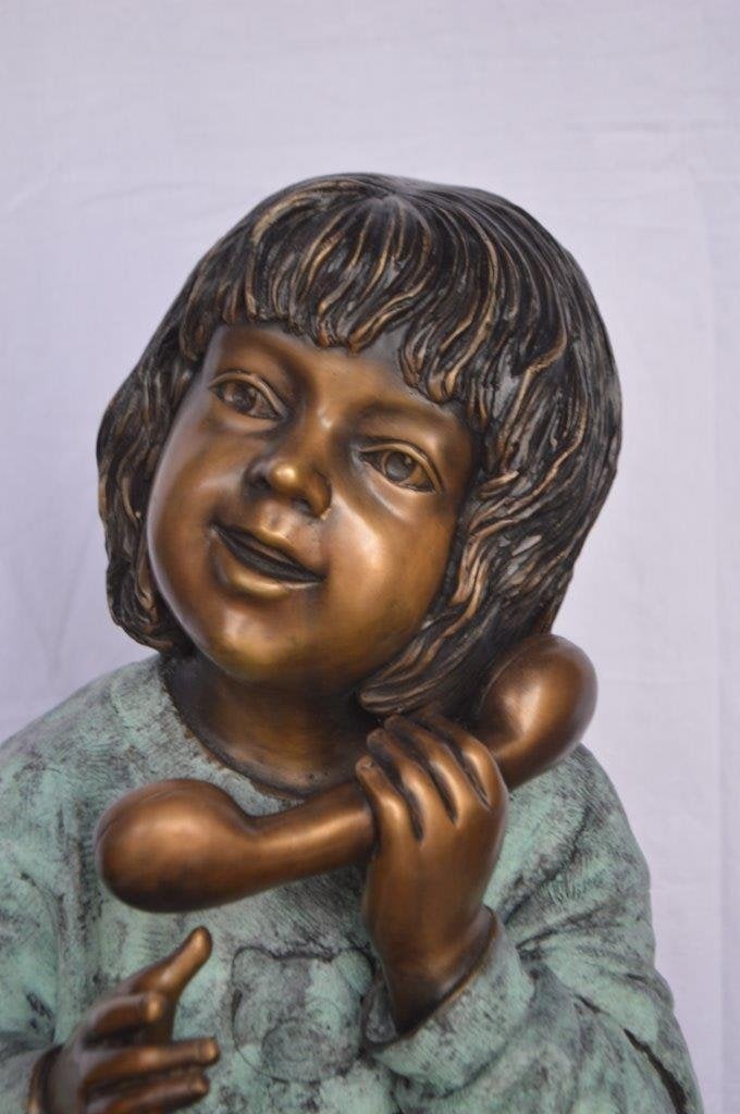 Young Child With an Old Telephone Bronze Statue - Size: 21"L x 14"W x 19"H. - 14