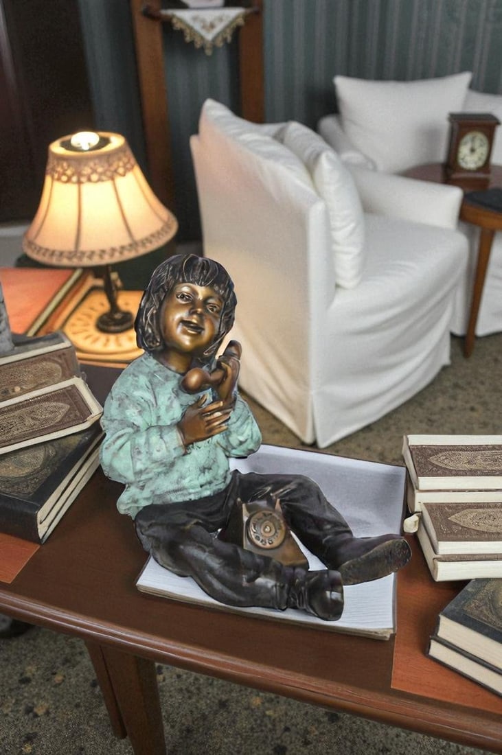 Young Child With an Old Telephone Bronze Statue - Size: 21"L x 14"W x 19"H. - 4