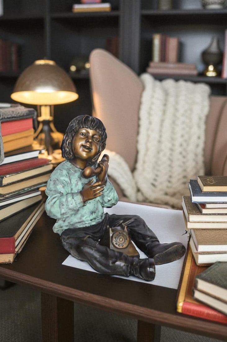 Young Child With an Old Telephone Bronze Statue - Size: 21"L x 14"W x 19"H. - 6