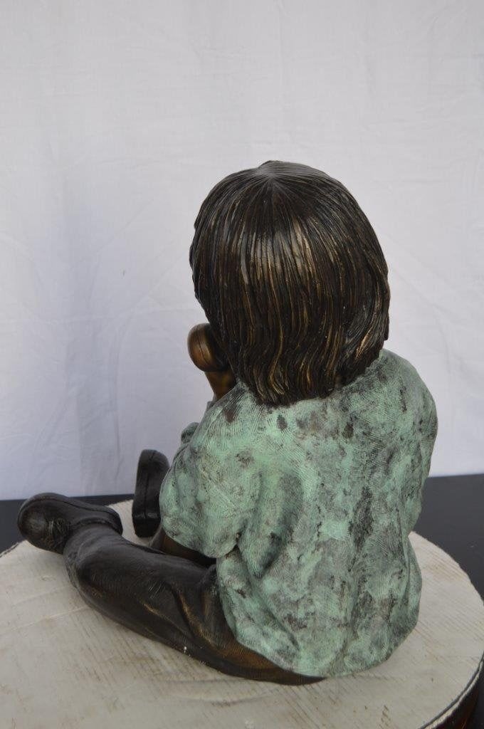 Young Child With an Old Telephone Bronze Statue - Size: 21"L x 14"W x 19"H. - 9