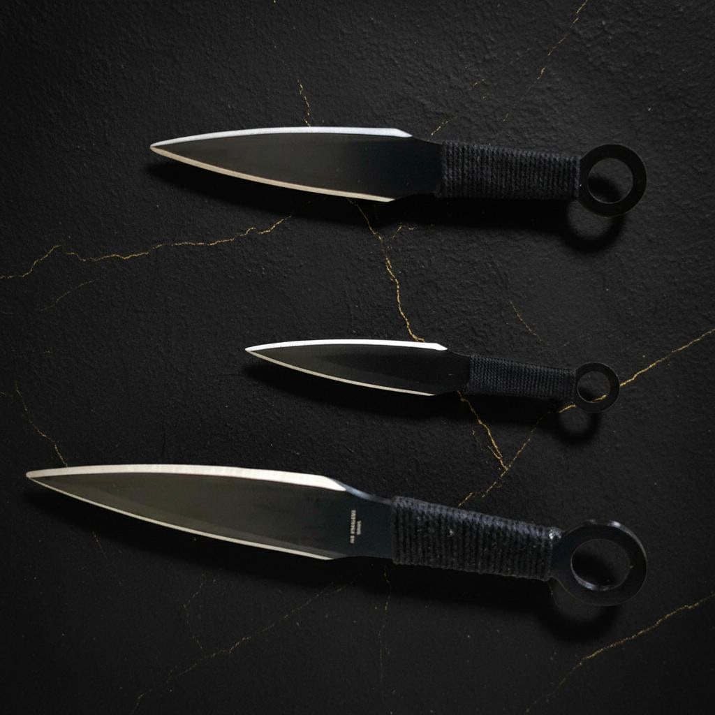 Set of 12 Black Tactical Kunai 6" Throwing Knives 440 Steel Double Edged Blades: Title:Set of 12 Black Tactical Kunai 6" Throwing Knives 440 Steel Double Edged BladesDescription:This listing offers a new set of 12 tactical kunai throwing knives. These black, fixed blade knives