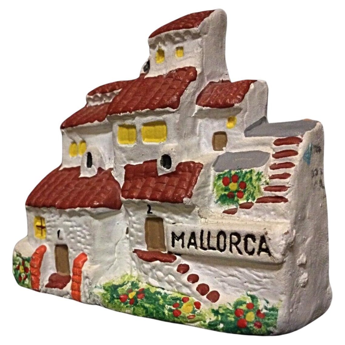 Hand-Painted Miniature House from Mallorca - Plaster Figurine: Title:Hand-Painted Miniature House from Mallorca - Plaster FigurineOrigin:FranceDimension:Length: 8.5 cm (3.3 in)Height: 7.2 cm (2.8 in)Width: 3 cm (1.2 in)Materials:PlasterYear:20th