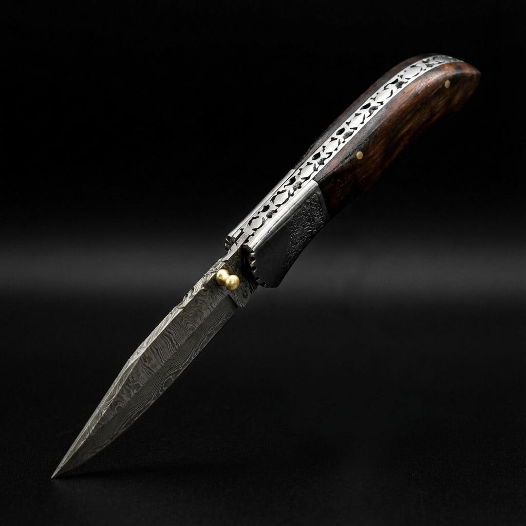 Hand Forged Damascus Steel Folding Pocket Knife with Wood Handle | Twist Pattern - 4