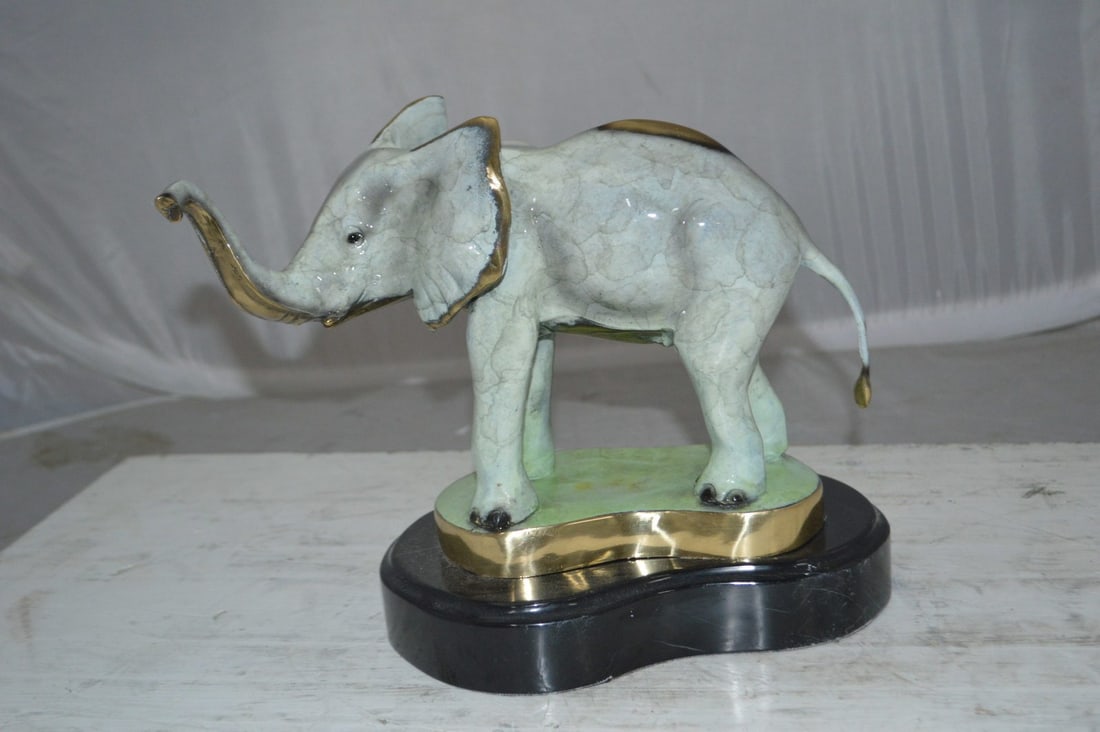 Elephant trunk Up Bronze Statue - Size: 16"L x 9"W x 10"H. - 3