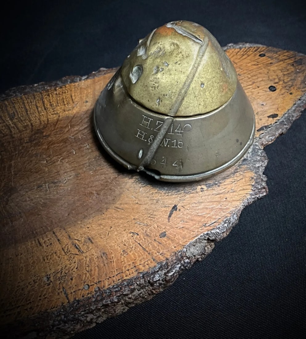 Antique WWI Inkwell with German Flare Shell Heads on Wooden Base - 10