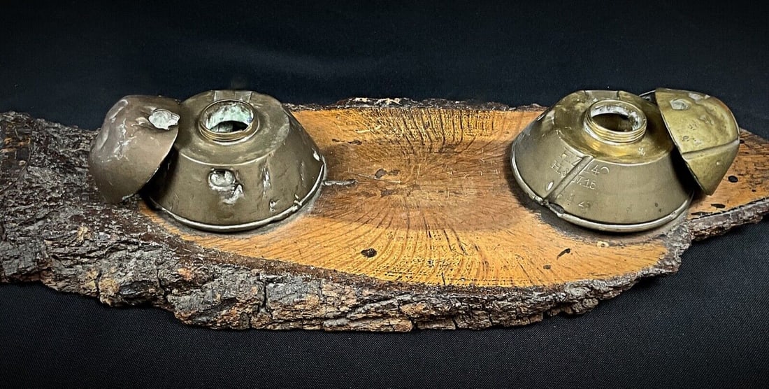 Antique WWI Inkwell with German Flare Shell Heads on Wooden Base - 2