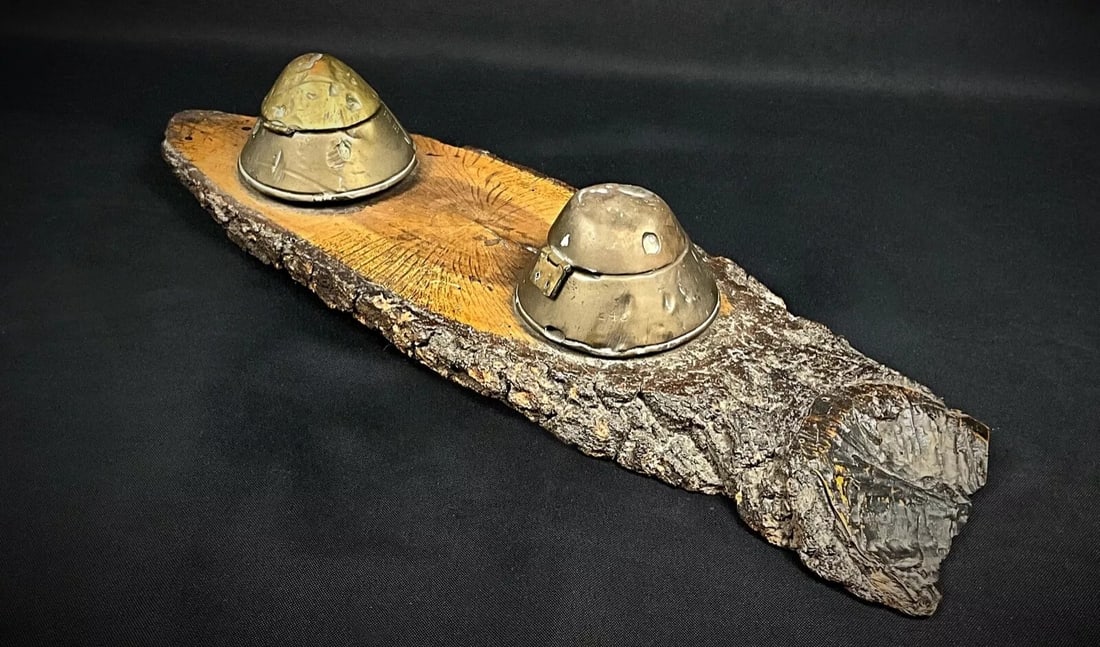 Antique WWI Inkwell with German Flare Shell Heads on Wooden Base - 4