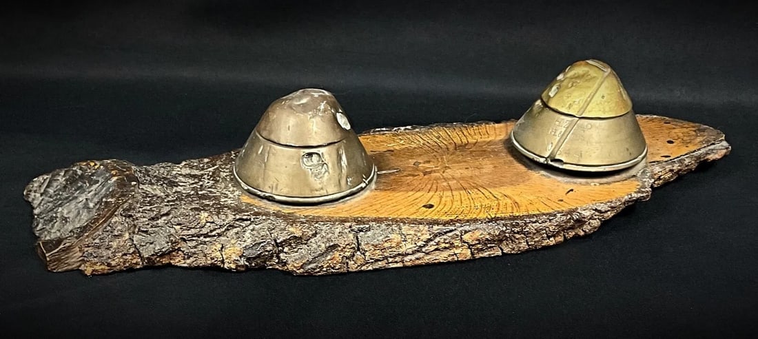 Antique WWI Inkwell with German Flare Shell Heads on Wooden Base - 6