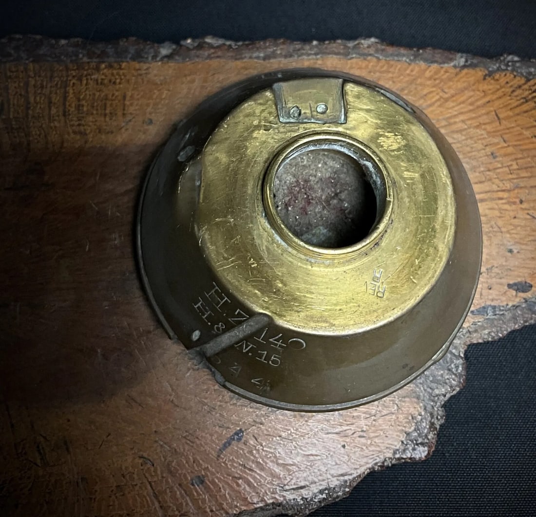 Antique WWI Inkwell with German Flare Shell Heads on Wooden Base - 7