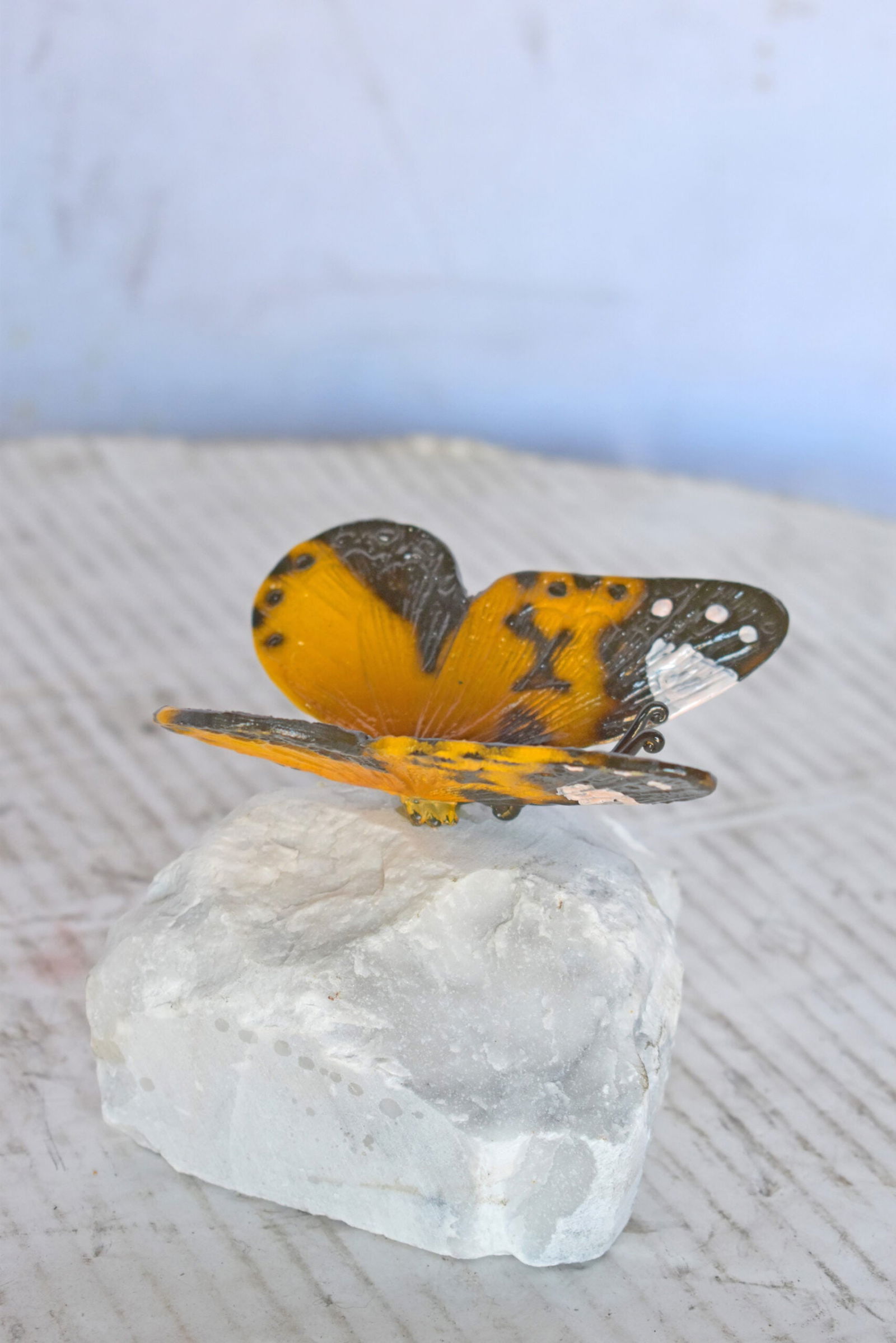Orange Butterfly made of Bronze mounted on a rock - Size: 5"L x 5"W x 4"H. - 4