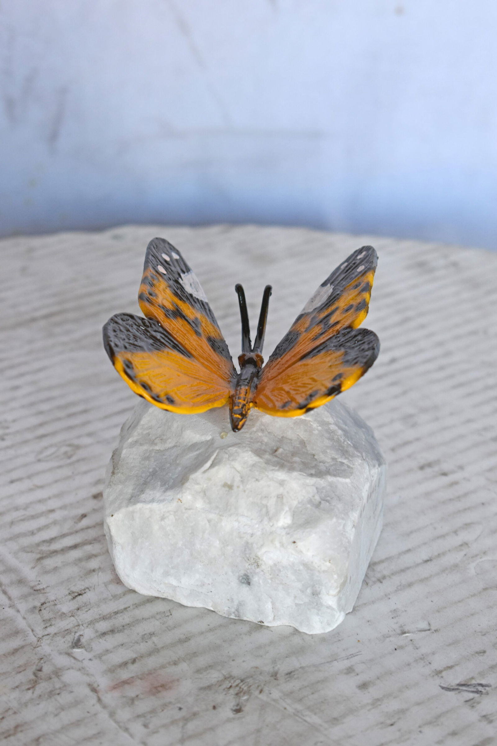 Orange Butterfly made of Bronze mounted on a rock - Size: 5"L x 5"W x 4"H. - 6