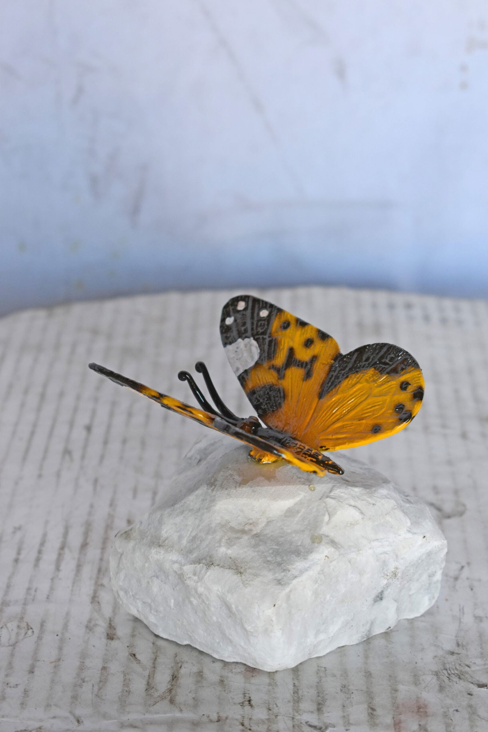 Orange Butterfly made of Bronze mounted on a rock - Size: 5"L x 5"W x 4"H. - 7