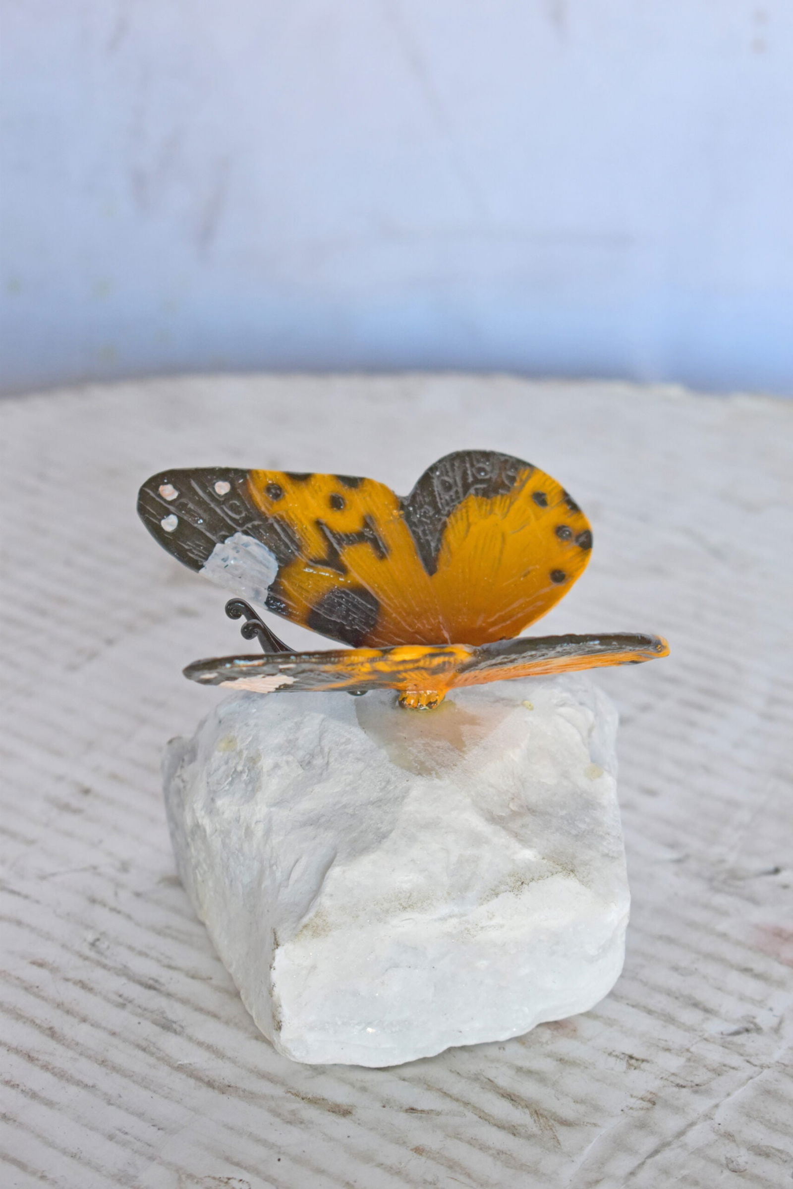 Orange Butterfly made of Bronze mounted on a rock - Size: 5"L x 5"W x 4"H. - 8