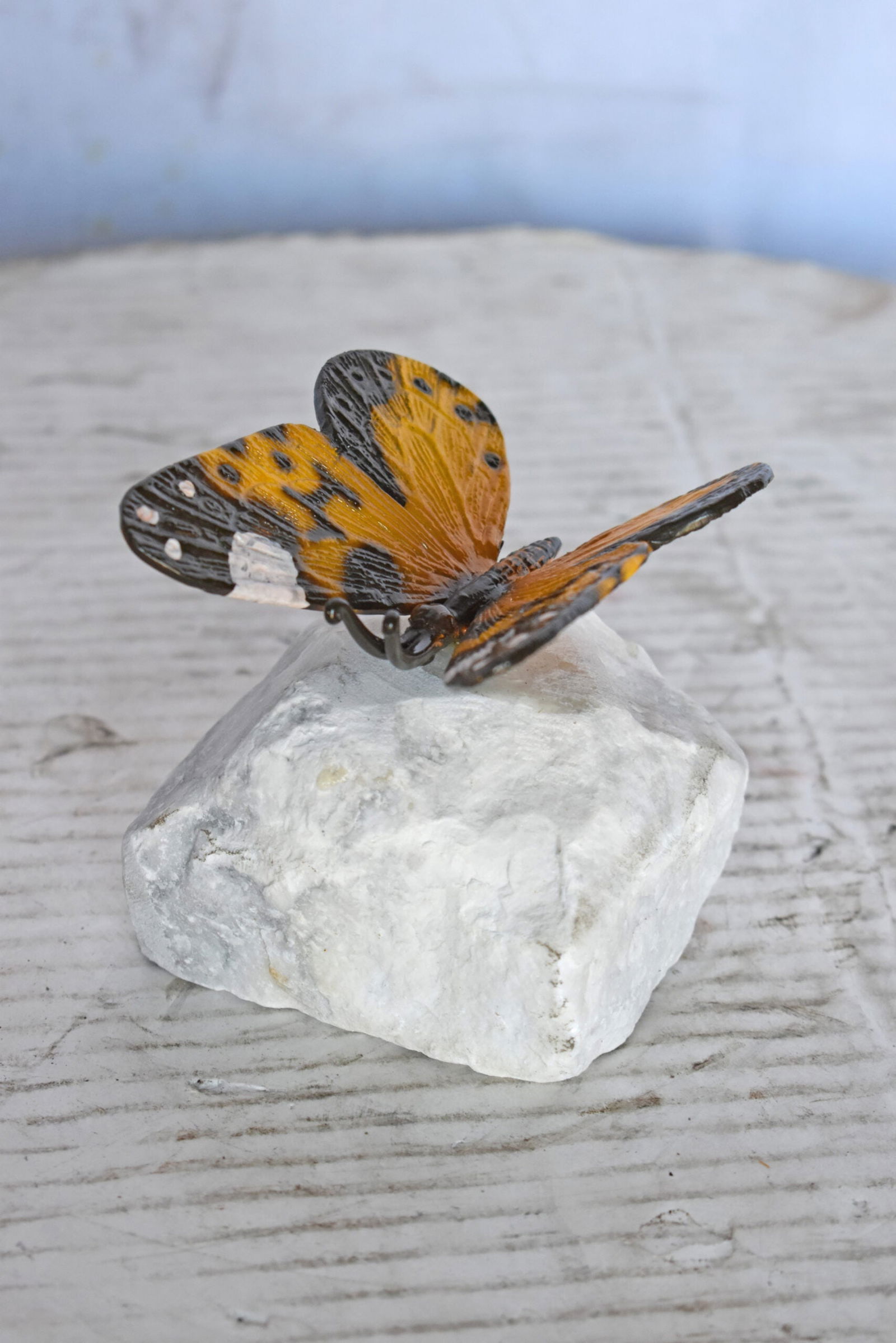 Orange Butterfly made of Bronze mounted on a rock - Size: 5"L x 5"W x 4"H. - 9