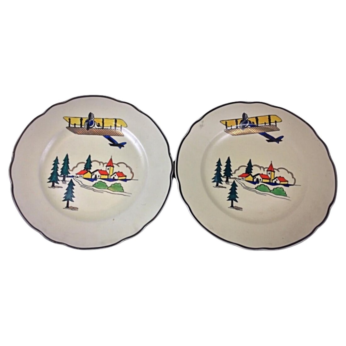 Pair of Antique Hand-Painted Longwy Plates - "Vacance" Design, France: Title:Pair of Antique Hand-Painted Longwy Plates - "Vacance" Design, FranceOrigin:FranceDimension:Diameter: 25 cm (9.8 inches)Height: 2 cm (0.8 inches)Materials: PorcelainYear:20th