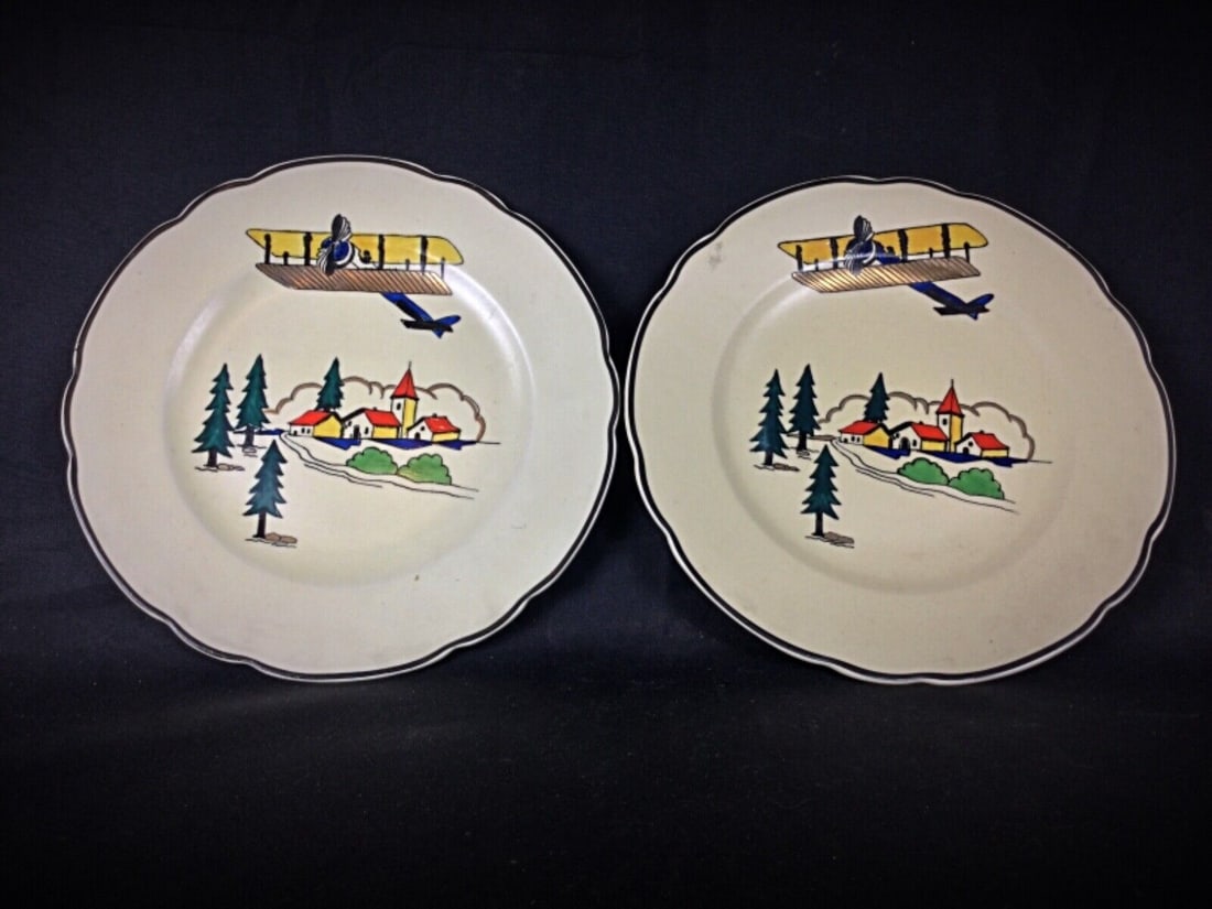 Pair of Antique Hand-Painted Longwy Plates - "Vacance" Design, France - 2