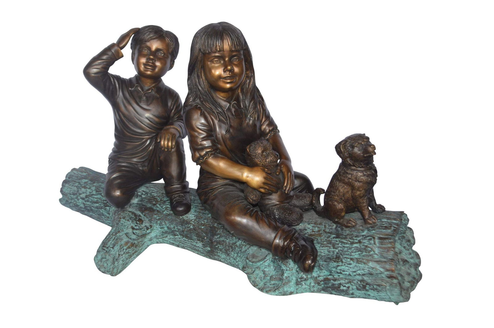 Young children and dog on a log bronze statue - Size: 40"L x 16"W x 24"H. (1 of 10)