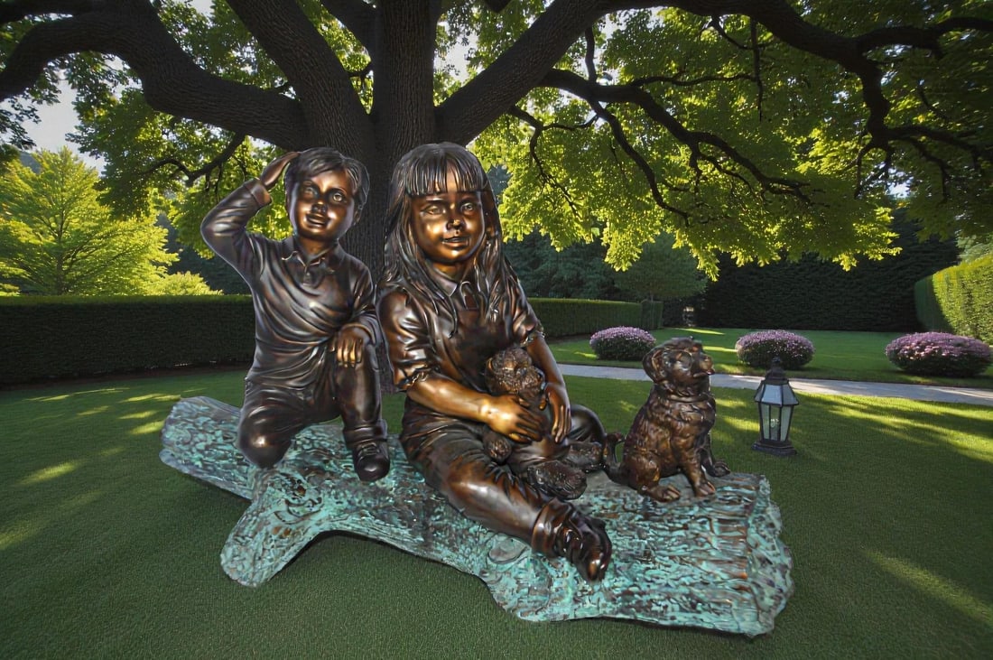 Young children and dog on a log bronze statue - Size: 40"L x 16"W x 24"H. - 2