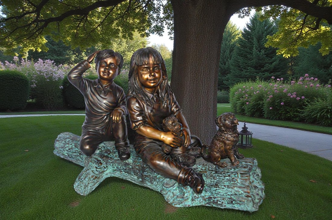 Young children and dog on a log bronze statue - Size: 40"L x 16"W x 24"H. - 3