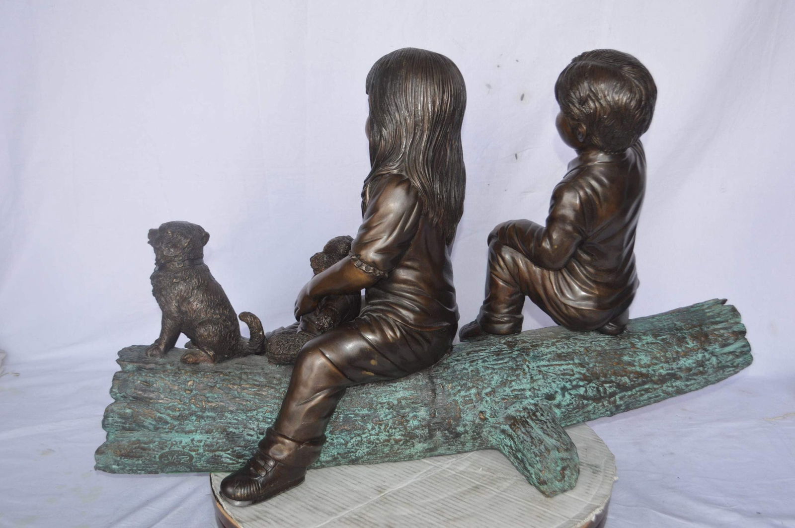 Young children and dog on a log bronze statue - Size: 40"L x 16"W x 24"H. - 7